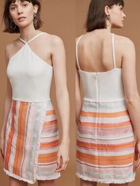 Anthropologie Kalyn Halter Striped Fringe Faux Wrap Mini Dress Size 12